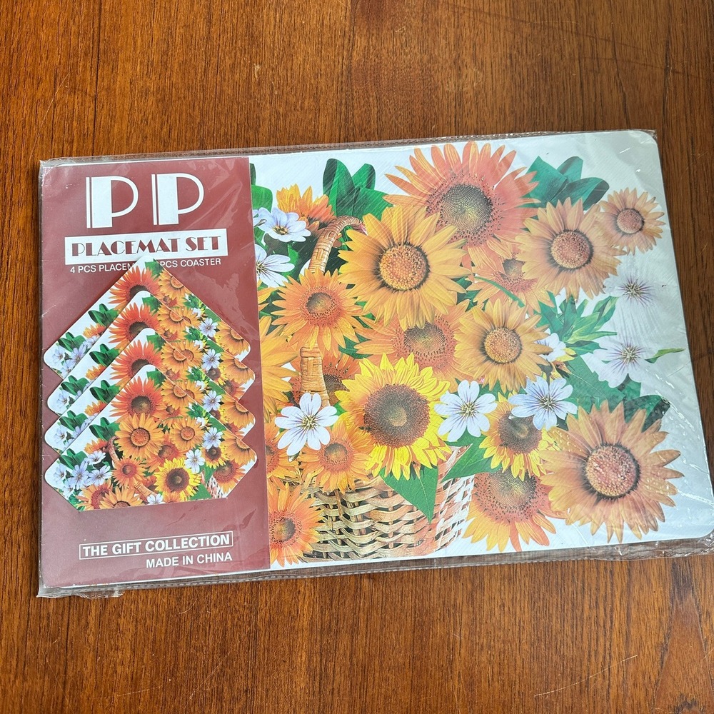 Vintage NEW Sunflower Placemat Set 4 Placemats 4 Coasters Floral Yellow SEALED